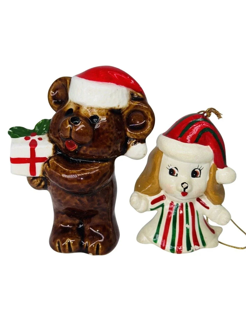 2 Vintage Ceramic Christmas Santa Bear Dog Ornament Figurine Lefton Sticker 2